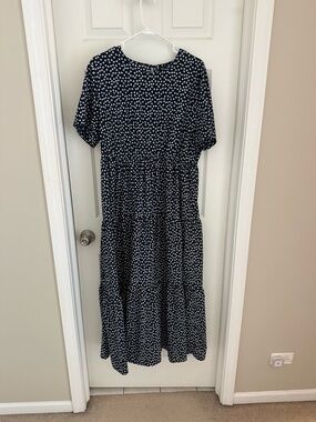 Navy Blue Polka Dot Tiered Midi Dress